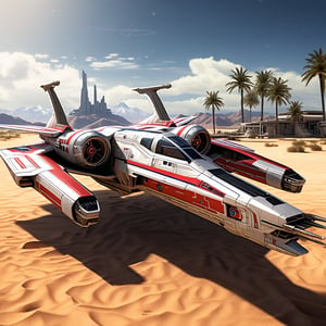 A realistic photo of starship x-wing starfighter in Star Wars universe,red striped body,parked on ground with ((stands)) on desert,wings folded,laser cannons at each wing tip,engines located at wing root, backdrop:desert,sand,palm tree,,sky,cloud,cityscrapes,front left view,R2 D2 walking around next to the ship, ek_starsh1p,ek_xw1ng,ek_xwf1,realistic,detailed,sleek shiny aircraft