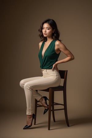 A stylish female fashion model sitting confidently on a chair, detailed exquisite face,wearing a sleek green top, cream leggings, and high heels. She strikes an elegant, bold pose with one leg slightly extended, showcasing her modern, sophisticated fashion and poise.
BREAK
detailed exquisite face,soft shiny skin,realistic,detailed,sharp focus,high contrast,rule of thirds,depth of perspective,award-winning photo,chiaroscuro lighting,ek_g1rl_02