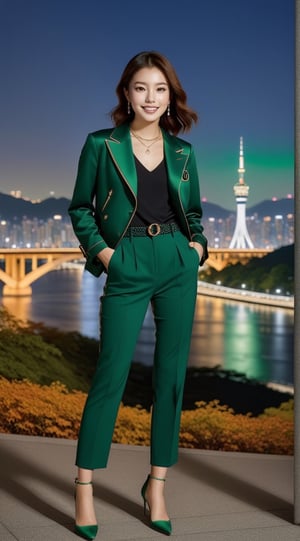 Hyper-Realistic photo of a girl,20yo,1girl,perfect female form,perfect body proportion,perfect anatomy,detailed exquisite face,soft shiny skin,smile,mesmerizing,short hair,small earrings,necklaces,elegant jacket,green color,louis vuitton bag
BREAK
backdrop of a beautiful night scene of Han River in Seoul,Korea,bridge,buildings with lights,Han River,mountain,Namsan Tower,(fullbody:1.3),(distant view:1.2),(heels:1.3),(model pose)
BREAK
(rule of thirds:1.3),perfect composition,studio photo,trending on artstation,(Masterpiece,Best quality,32k,UHD:1.5),(sharp focus,high contrast,HDR,hyper-detailed,intricate details,ultra-realistic,award-winning photo,ultra-clear,kodachrome 800:1.3),(chiaroscuro lighting,soft rim lighting:1.2),by Karol Bak,Antonio Lopez,Gustav Klimt and Hayao Miyazaki,photo_b00ster,real_booster,ani_booster,kim youjung,kim_heesun
