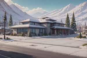 a beautiful resort center,modern style house,no wood house,sign on house,window,shop,snow, street,trees,brick and concrete material,poster composition,sunny day, cool, aesthetic,cars on street, full resort center in frame,highly detailed, 8k, ultra sharp, masterpiece, realistic, detailed house,H effect,Comic Book-Style 2d,w1nter res0rt,real_booster