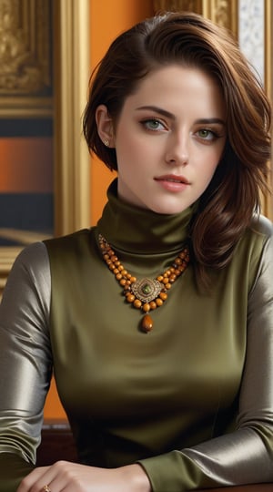 ((Hyper-realistic)) half body portrait of a beautiful woman sitting in a luxury cafe,alluring neighbor's wife,23yo,(Kristen Stewart),body model portrait,clear facial features,perfect body,perfect in every way,playful smirks,seductive eyes,detailed soft shiny skin,detailed exquisite eyes,detailed hair,elegant jacket on (turtleneck) shirt,detailed textures and reflection on clothes,jewelry,(Persian Orange, Tiger Eye, Olive Green color),rule of thirds,chiaroscuro lighting,soft rim lighting,key light reflecting in the eyes,highly detailed complex backdrop,by Antonio López,Canaletto and David Parrish,art_booster