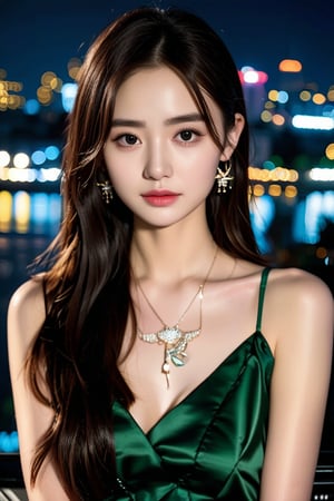 hyper realistic photo of a beautiful girl,20yo,detailed exquisite face,soft shiny skin,Chinese girl,long and natural brunette hair styled impeccably reflecting modern urban trends,Dakota Fanning lookalike,perfect female form,model body,elegant urban fashion,earrings and necklaces, backdrop:cityscape,window,night,lights,[modern green,yellow and cream colors],dark:1.2,chiaroscuro lighting, ek_ph0t0_b00ster,ek_game_3ffect,ek_real_b00ster