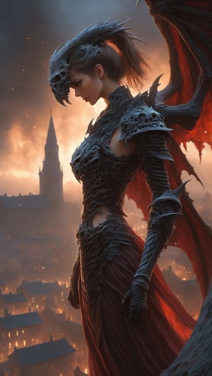 "Dark romance fantasy, a woman wearing dragon bone armor standing above a city, an army looking up at her, embers", bones, ribcage style armor, eldritch, dracolich-like armor, Masterpiece, Intricate, Insanely Detailed, Art by lois van baarle, todd lockwood, chris rallis, anna dittmann, Kim Jung Gi, Gregory Crewdson, Yoji Shinkawa, Guy Denning, Textured!!!!, Chiaroscuro!!, actionpainting, best quality, masterpiece,DracolichXL24,art_booster,LegendDarkFantasy,ellafreya,renny the insta girl,real_booster