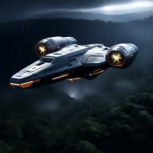 A realistic photo of starship, razor crest \(star wars\),flying over a rain forest at night,rainy,lightning, wings on top,big jet engine on wing tip,canopy on head nose top,,blunt front nose,cannon on head side,front left view,ek_starsh1p,ek_raz0r_cre5t,ek_rcfr0nt_left