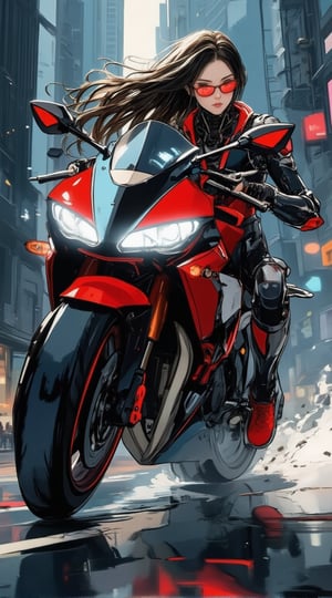 anime of a cyborg girl in mecha armor. Black and red colored armor. neon light lines glowing, exquisite face, soft shiny skin, longhair blowing, sunglasses. riding a motor cycle, kawasaki ninja h2r at high speed,city street backdrop,puddles,focused expression,dark
BREAK
anime style,detailed,sharp focus,high contrast,rule of thirds,depth of perspective,award-winning photo,chiaroscuro lighting,ek_g1rl_02,acryli painting,ink style,ek_an1_b00ster