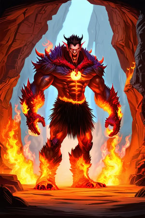 An evil man stands in a cave. He uses magic spell and turns into the fire monster \(ek_ge1frt\),
,fire elemental effect, ek_game_3ffect,realistic,