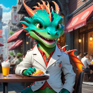 Cartoon: a very cute and young-looking dragon boy,eating American breakfast in a restaurant happily,cheerful,white jacket,(complex city street backdrop),cinematic lighting,rule of thirds,depth of perspective,trending on artstation,(hyper-realistic,Ultra-detailed,sharp focus,high contrast,HDR,masaterpiece,RAW photo),(fullbody:1.3),dragon_h,art_booster, real_booster,H effect