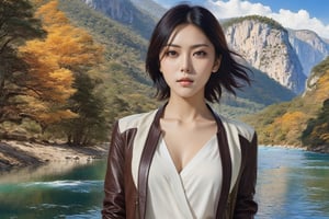 ((Hyper-Realistic)) photo of a beautiful girl standing in a national park,(kuchiki rukia),20yo,detailed exquisite face,detailed soft skin,hourglass figure,perfect female form,model body,(perfect hands:1.2),(elegant jacket, shirt and skirt),(backdrop: beautiful mountain with river,lake,tree, forest,rock and reflection in water),v1sta3
BREAK 
aesthetic,rule of thirds,depth of perspective,perfect composition,studio photo,trending on artstation,cinematic lighting,(Hyper-realistic photography,masterpiece, photorealistic,ultra-detailed,intricate details,16K,sharp focus,high contrast,kodachrome 800,HDR:1.2),by Karol Bak,Gustav Klimt and Hayao Miyazaki, real_booster,art_booster,ani_booster,y0sem1te,H effect