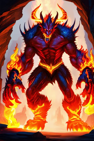 a devil monster stands in dark cave. He uses the magic ring and turns into the ultimate form of a fire magic \(ek_ge1frt\) monster,fire elemental effect,ek_game_3ffect,ek_real_b00ster