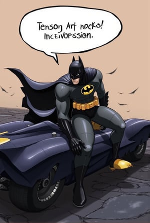 Anime of a batman on batmobile with a big word bubble on top saying text: "Tensor Art rocks!". serious expression,simple background,by the style of Makoto Shinkai's artworks,detailed,realistic,ek_ph0t0_b00ster,ek_art_b00ster,ek_game_3ffect