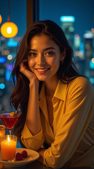 a beautiful girl,exquisite face,soft shiny skin,smile,wearing urban high fashion style,in a skyview cafe at night,cocktail,dessert,city scrapes,chiaroscuro lighting,[cobalt blue and yellow colors],round chin no dimple,ek_art_b00ster,beauy_ks01