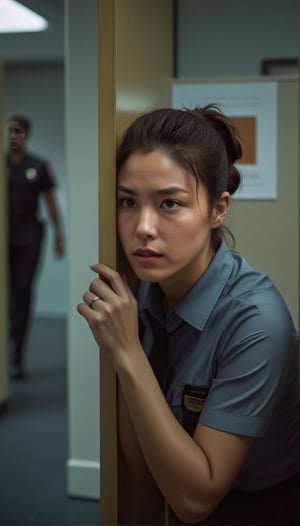 In a tense moment, the young woman hides behind a cabinet in the office, her heart racing. Her ponytail falls slightly over her shoulder, and her uniform shirt is slightly wrinkled from her movements. She holds her breath, her expression a mix of fear and focus. The doorway is visible, with a shadowy figure standing in the entrance. The computer screen behind her continues to glow, illuminating her worried face. The atmosphere is thick with suspense as she tries to remain undetected.