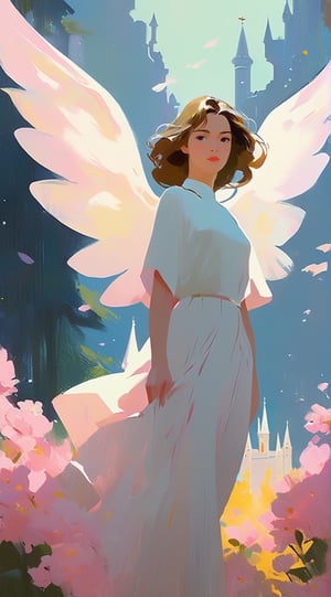 Heaven: (Full figure) Portrait of Angel girl flying in beautiful unreal world,white pink yellow colored angel,trees and flowers and castles backdrop,unearthly,mysterious,looking at viewer,peaceful,lights,bokeh,acrylic painting,trending on pixiv fanbox, palette knife and brush strokes, style of makoto shinkai, jamie wyeth, james gilleard, edward hopper, greg rutkowski, studio ghibli,artistic oil painting