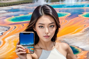 ((Hyper-Realistic)) photography of a beautiful girl taking selfie of Grand Prismatic Spring of Yellowstone,holding a smart phone,20yo,detailed symmetric face,detailed soft shiny skin,detailed eyes,sharp nose,short hair,hourglass figure,perfect female form,mesmerizing and alluring,looking at viewer,(upperbody shot:1.3)
BREAK
(backdrop;grandpr1smat1c,vivid color for Spring,orange mane-like soil around the pool,brown and white soil color,smoke from spring,brown and white color soil,1 spring)
BREAK
rule of thirds,studio photo,perfect composition,(masterpiece,HDR,trending on artstation,8K,Hyper-detailed,intricate details,hyper realistic,high contrast:1.3),cinematic lighting,soft rim lighting,key light reflecting in the eyes,by Karol Bak,Antonio Lopez,Gustav Klimt and Hayao Miyazaki,
wonder-woman-xl, photo_b00ster,real_booster, art_booster,Decora_SWstyle,seolhyun,Ye11owst0ne