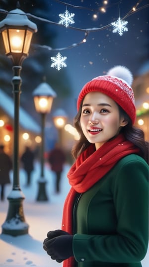 Create AI art portraying the beautiful woman in a Christmas setting, a snowy park adorned with twinkling lights and festive decorations. Picture her strolling along a path surrounded by glistening snow, with the soft glow of holiday lights casting a warm and magical ambiance. The scene should evoke a sense of tranquility and joy, capturing the essence of a peaceful Christmas moment in a charming winter landscape.,kimtaeri-xl