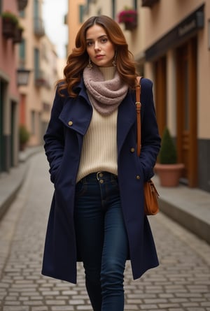 A stunning 20-year-old woman with a chic, contemporary style, strolling along a cobblestone street in a quaint European village. Her auburn hair is styled in loose waves that cascade over her shoulders, highlighting her warm brown eyes and soft, radiant complexion.
She wears a fitted, navy blue trench coat cinched at the waist, over a cream-colored turtleneck sweater, paired with ankle-length, dark denim jeans that flatter her figure. On her feet, she wears classic, tan leather ankle boots, and a delicate scarf in shades of blush pink and gray drapes around her neck. A vintage-inspired leather satchel hangs from her shoulder, adding a touch of rustic charm. Her expression is thoughtful yet serene, capturing a moment of quiet elegance as she enjoys a leisurely walk, surrounded by charming old-world architecture and flower-filled window boxes. realistic,detailed,sharp focus,high contrast,trending on artstation,rule of thirds,depth of perspective,chiaroscuro lighting.ek_ph0t0_b00ster,jisosmile