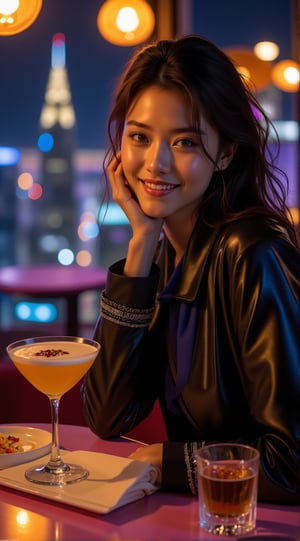 a beautiful girl,exquisite face,smile,wearing urban high fashion style,in a skyview cafe at night,cocktail,dessert,cityscape,chiaroscuro lighting,[Purple,Navy Blue,Mustard Yellow,Beige colors],ek_art_b00ster,beauy_ks01