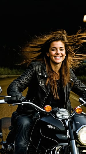 a girl,20yo,1girl,leather jacket,smile, long hair blowing by wind,Kristen Stewart lookalike,(dark:1.3),close-up
BREAK
backdrop:Riding a motorbike, wind in hair,city street or countryside road, dynamic pose, focused expression,at night,cluttered maximalism
BREAK
settings:(rule of thirds:1.3),perfect composition,depth of perspective,(masterpiece,best quality,detailed,realistic), chiaroscuro lighting
BREAK
by Antonio Lopez,Diego Koi,David Parrish,Canaletto and Edward Hopper,ek_real_b00ster,ek_art_b00ster,ek_ani_b00ster,ek_photo_booster