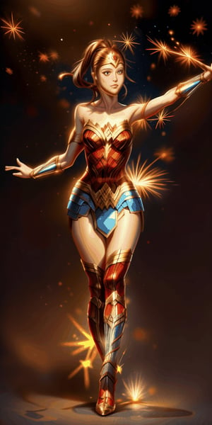 girl dancing in Christmas party,walking,waiving hips,fireworks elemental magic,realisic, intricate,detailed,close-up,cinematic lighting, Pixel art,seolhyun,wonder_woman,1 girl