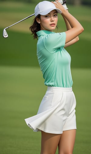 The young woman is now dressed in a light mint-green polo shirt paired with a chic, short white skirt, which adds a youthful and stylish edge to her look. The shorter skirt, flowing just above the knees, enhances her athletic yet graceful figure. As she swings the golf club with precision, her focused expression and confident posture make her stand out even more. The fresh colors of her outfit pop against the rich green of the golf course, with the gentle breeze lifting her hair, completing the vibrant and fashionable scene. ek_ph0t0_b00ster,ek_g1rl_02