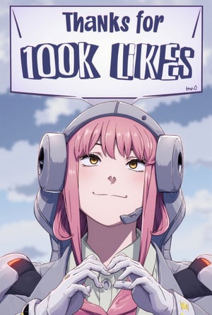 Anime of a happy cute cyborg girl,making hand heart,big smile,by ghibli,big word bubble with bold font on top saying "Thanks for 100K Likes ❤️",ek_an1_b00ster,flux_makima