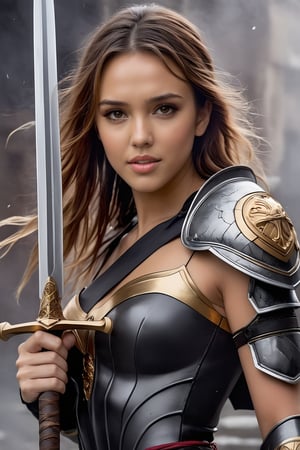 Plot:a beautiful warrior girl standing in a dark ally,20yo,1girl,solo,detailed exquisite face,soft shiny skin,looking at viewer,Jessica Alba lookalike,vivid colors,sword,shield,holding,shouting,perfect hand
BREAK
backdrop:dark ally,smoke,puddles,cluttered maximalism
BREAK
settings: (rule of thirds1.3),perfect composition,studio photo,trending on artstation,depth of perspective,(Masterpiece,Best quality,32k,UHD:1.4),(sharp focus,high contrast,HDR,hyper-detailed,intricate details,ultra-realistic,award-winning photo,kodachrome 800:1.3),(cinematic lighting:1.3)
BREAK
[artists:Karol Bak$,Alessandro Pautasso$,Gustav Klimt$ and Hayao Miyazaki$]
BREAK
LoRA:art_booster,photo_b00ster, real_booster