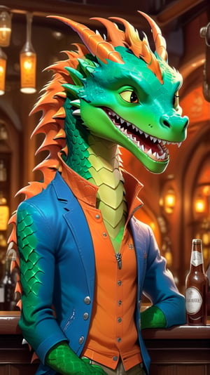 Cartoon: a very cute and young-looking dragon boy,in a bar,drinking wine and beer,orange jacket,cheerful,complex backdrop,cinematic lighting,rule of thirds,depth of perspective,trending on artstation,(hyper-realistic,Ultra-detailed,sharp focus,high contrast,HDR,masaterpiece),(fullbody:1.3),dragon_h,art_booster, real_booster