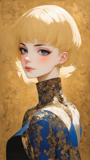 ((Anime Style)) of A sophisticated fashion model girl,short blonde hair,dynamic character,20yo,detailed exquisite face,parody,

complex background,dynamic light and shadow,bold high quality,high contrast,patchwork art,Upperbody, vibrant colors,looking at viewer,by Gustav Klimt and [[karol bak]],ek_ptch_art,ek_ani_b00ster,ek_art_b00ster,