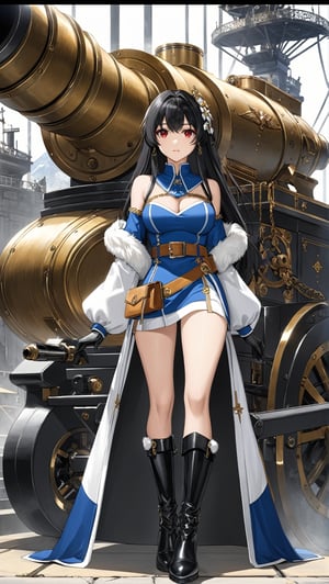 Hyper-Detailed Anime of West Virginia \(Azur Lane\),1girl, solo, long hair, breasts, looking at viewer, bangs, simple background, black hair, red eyes, gloves, dress, bare shoulders, medium breasts, standing, full body, boots, sleeveless, black gloves, belt, wide sleeves, off shoulder, black footwear, mole, coat, mole under eye,machinery, turret, cannon, rigging,cluttered maximalism
BREAK
(rule of thirds:1.3),(thick drawing lines:1.3),perfect composition,studio photo,trending on artstation,(Masterpiece,Best quality,32k,UHD,sharp focus,high contrast,HDR,hyper-detailed,intricate details,ultra-clear:1.3),(cinematic lighting),by Karol Bak,Gustav Klimt and Hayao Miyazaki,ani_booster,real_booster,art_booster