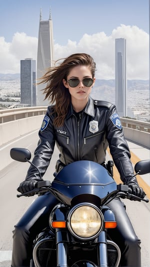 Hyper-Realistic photo of a beautiful LAPD police officer riding a police highway patrol motorcycle,20yo,1girl,solo,detailed exquisite face,soft shiny skin,lips,smile,looking at viewer,Kristen Stewart lookalike,LAPD police highway patrol uniform,helmet,sunglasses,fullbody:1.3 
BREAK backdrop:highway,bridge,city view,sky,[cluttered maximalism]
BREAK
settings: (rule of thirds1.3),perfect composition,studio photo,trending on artstation,depth of perspective,(Masterpiece,Best quality,32k,UHD:1.4),(sharp focus,high contrast,HDR,hyper-detailed,intricate details,ultra-realistic,kodachrome 800:1.3),(cinematic lighting:1.3),(by Karol Bak$,Alessandro Pautasso$,Gustav Klimt$ and Hayao Miyazaki$:1.3),art_booster,photo_b00ster, real_booster
