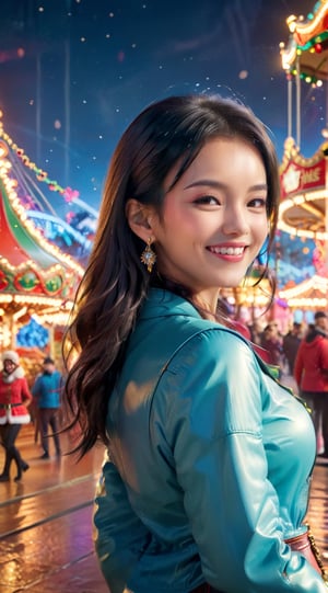 "Generate an image of a stylish and statuesque young woman (23yo) joyfully celebrating Christmas at an amusement park. Dressed in chic winter fashion, she laughs and twirls amidst the vibrant lights and festive decorations. The carousel spins behind her, casting a magical glow, while the air is filled with the cheerful melodies of holiday tunes. The woman's radiant smile and carefree spirit capture the essence of festive merriment. This scene portrays the excitement and happiness of embracing the Christmas season in a fun and lively amusement park setting." BREAK

(masterpiece,best quality,ultra-detailed,8K,intricate, realistic:1.3),(full body, wide shot:1.3),rule of thirds, vibrant colors,hourglass figure,smile,black hair,sharp nose,earrings,jewelry, shiny skin, detailed exquisite face,cinematic lighting,Aerial,1 girl,Color Booster, leonardo,style,cyberpunk style,greg rutkowski, aesthetic portrait,han-hyoju-xl