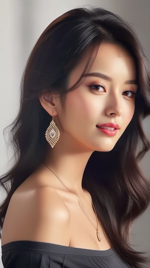 Very (detailed) illustration of a ((best quality)), ((masterpiece)),mesmerizing and alluring female model,cute,23yo,exquisite skinny face,seductive smirks,looking at viewer,disheveled black hair,upper body BREAK skinny tight clothes,torn clothes,[bare] shoulders, small earrings,necklaces,hourglass_figure, natural huge breasts,glossy skin BREAK high contrast,[colorful],rule of thirds,cinematic lighting,very sexy pose,detailmaster2,han-hyoju-xl