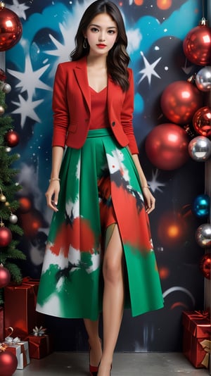 Generate an image of a stylish 23-year-old woman attending a formal Christmas party with a hint of graffiti-inspired flair. Opting for festive Christmas party attire, she chooses a unique design and color among various outfits that complement the holiday spirit. Infuse the ensemble with a graffiti-style aesthetic, introducing dynamic lines and patterns that add an unconventional and artistic edge. Ensure the look includes modern and chic accessories, placing her in a contemporary setting with urban decor and stylish Christmas decorations for an overall modern, sophisticated, and artistically enriched ambiance.digital painting,song-hyegyo-xl,<lora:659095807385103906:1.0>