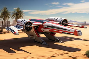 A realistic photo of starship x-wing starfighter in Star Wars universe,red striped body,parked on ground with ((stands)) on desert,wings folded,laser cannons at each wing tip,engines located at wing root, backdrop:desert,sand,palm tree,,sky,cloud,cityscrapes,front left view,R2 D2 walking around next to the ship, ek_starsh1p,ek_xw1ng,ek_xwf1,realistic,detailed,sleek shiny aircraft