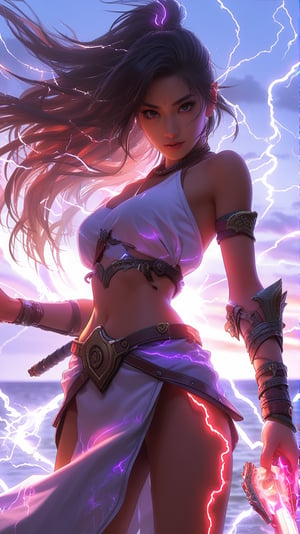 a beautiful lightning magic sorceress \(ek_ge1tng\),detailed exquisite face,lightning elemental effect,lightning weapon,ek_game_3ffect,dynamic pose,simple background,blurry ocean beach  background,dynamic angle,anime style by ghibli,detailed,ek_ph0t0_b00ster,ek_an1_b00ster,very sexy