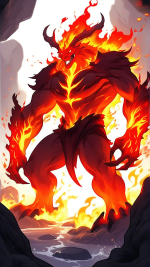 a fire monster \(ek_ge1frt\),roaring,open mouth,ek_game_3ffect,dynamic pose,simple background,blurry cave background,lava flowing,smoke,dynamic angle,anime style by ghibli,detailed,ek_ph0t0_b00ster,ek_an1_b00ster