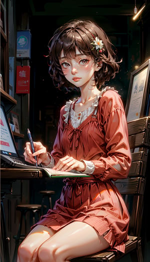 beautiful girl using notebook computer,sitting in cafe,small face,red clothes,watercolor,by catherine kehoe,jenny saville and liu xiaodong,1 girl,kwon-nara