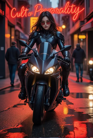 a cyborg girl in mecha armor. Black and red colored armor. neon light lines glowing, exquisite face, soft shiny skin, longhair blowing, sunglasses. riding a motor cycle, kawasaki ninja h2 carbon at high speed,city street backdrop,puddles,focused expression,dark,(((Big neon light saying "cult of Personality" in the background)))
BREAK
realistic,detailed,sharp focus,high contrast,rule of thirds,depth of perspective,award-winning photo,chiaroscuro lighting,ek_g1rl_02,ink style