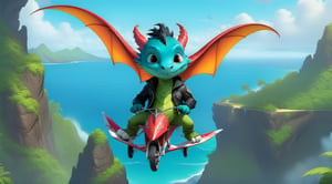 Cartoon: a cute dragon boy,flying in a hang glider,black biker jacket,Hawaii  backdrop,cinematic lighting,rule of thirds,depth of perspective,trending on artstation,(fullbody wide sideshot:1.3),animation style,dragon_h,art_booster,real_booster