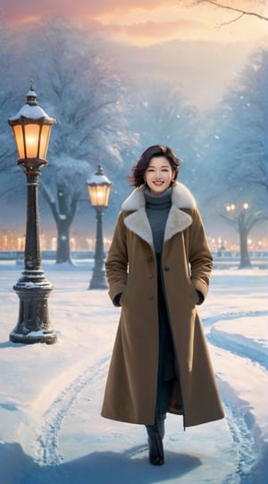 "Generate an image of a sophisticated (23yo) woman strolling along a snow-covered lakeside park. Dressed elegantly in a stylish winter coat, she gracefully navigates the serene surroundings. The soft glow of lampposts casts a warm light on the pristine snow, creating a picturesque winter scene. The woman's breath forms gentle clouds in the chilly air as she takes in the peaceful beauty of the snow-laden landscape. The stillness of the snowy park and the calm of the wintry atmosphere combine to evoke a sense of tranquility and elegance in this enchanting moment." BREAK
(masterpiece,best quality,ultra-detailed,8K,intricate, realistic:1.3),(full body, wide shot:1.3),smile,black hair,sharp nose,small face,earrings,jewelry, shiny skin, detailed exquisite symmetric face,cinematic lighting,1 girl,Color Booster,leonardo,style,cyberpunk style,greg rutkowski,jeon_jihyun