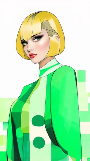 A sophisticated fashion model girl,short blonde hair,dynamic character,20yo,detailed exquisite face,parody,looking at viewer, Zendaya lookalike,patchwork art,modern green and mint colors,ek_ptch_art,ek_ani_b00ster