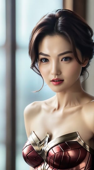 A sophisticated woman,detailed exquisite symmetric face,soft shiny skin,detailed seductive eyes,sharp nose,short hair,hourglass figure,perfect female form,slim and tall model body,model pose,bokeh,mesmerizing and alluring,looking at viewer,siena natural ratio,by Sakimichan and Yoji Shinkawa and Serafleur,(head to thigh sideview:1.3),more detail XL,wonder-woman-xl,jeon_jihyun,kimtaeri-xl