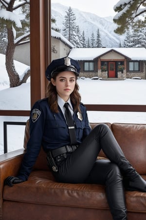 Hyper-Realistic photo of a beautiful LAPD police officer sitting on a sofa in a winter resort house,20yo,1girl,solo,LAPD police uniform,cap,detailed exquisite face,soft shiny skin,smile,looking at viewer,Kristen Stewart lookalike,cap,fullbody:1.3
BREAK
backdrop:livingroom,table,sofa,window,snow,tree,girl focus,[cluttered maximalism]
BREAK
settings: (rule of thirds1.3),perfect composition,studio photo,trending on artstation,depth of perspective,(Masterpiece,Best quality,32k,UHD:1.4),(sharp focus,high contrast,HDR,hyper-detailed,intricate details,ultra-realistic,kodachrome 800:1.3),(cinematic lighting:1.3),(by Karol Bak$,Alessandro Pautasso$,Gustav Klimt$ and Hayao Miyazaki$:1.3),art_booster,photo_b00ster, real_booster,w1nter res0rt