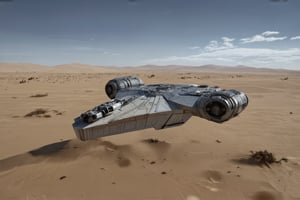 A starship, razor crest \(star wars\), landed on desert,front left view,

backdrop:desert,sand,sky,cloud,cityscape far away,

realistic,detailed,sharp focus,high contrast, ek_raz0r_cre5t,ek_rcfr0nt_left