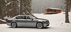 (2008 BMW 7 Series E65 designed by Chris Bangle), BMW 7 Series E65 parced on the backdrop of a resort cabin, modern style,no wood house,snow, trees, poster composition, sunny day, cool, aesthetic, full car in frame, full car picture, highly detailed, 8k, ultra sharp, masterpiece, realistic, detailed headlights, 4k headlight,H effect,Comic Book-Style 2d,w1nter res0rt