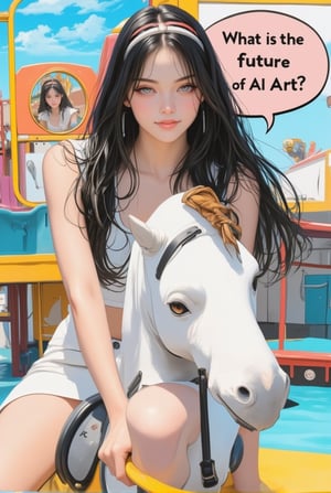 An anime of a cute girl saying "What is the future of AI Art?" in a big word bubble.big smile.riding a toy horse in a playground,beauy_ks01,anime style,ek_an1_b00ster,acryli painting,ILLUSTRANIME