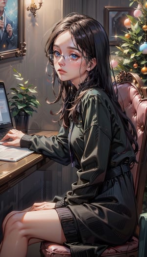 beautiful girl using (notebook computer),sitting in cafe with X-mas tree and decoration,small face,(blue) outfit,oil painting,by jenny saville and nicolas uribe,1 girl,han-hyoju