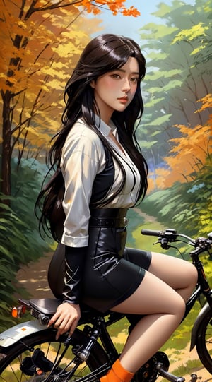 girl in long hair orange eye riding, rx 100 bike,, acrylic painting, trending on pixiv fanbox, palette knife and brush strokes, style of makoto shinkai jamie wyeth james gilleard edward hopper greg rutkowski studio ghibli genshin impact,kwon-nara