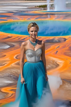 Hyper-Realistic photo of a girl,20yo,1girl,Charlize Theron, perfect female form,perfect body proportion,perfect anatomy,[Turquoise,Baby Blue,Mustard Yellow,Gray color],elegant dress,detailed exquisite face,soft shiny skin,smile,mesmerizing,disheveled hair,small earrings,necklaces,Chanel bag,cluttered maximalism
BREAK
(backdrop of grandpr1smat1c,Grand Prismatic Spring of Yellowstone,vivid color for Spring,orange mane-like soil around the pool,brown and white soil color,smoke from spring,brown and white color soil,1 spring),(fullbody:1.3),(heels:1.3),(distant view:1.3)
BREAK
(rule of thirds:1.3),perfect composition,studio photo,trending on artstation,(Masterpiece,Best quality,32k,UHD:1.4),(sharp focus,high contrast,HDR,hyper-detailed,intricate details,ultra-realistic,award-winning photo,ultra-clear,kodachrome 800:1.25),(infinite depth of perspective:2),(chiaroscuro lighting,soft rim lighting:1.15),by Karol Bak,Antonio Lopez,Gustav Klimt and Hayao Miyazaki,photo_b00ster,real_booster,art_booster,Ye11owst0ne