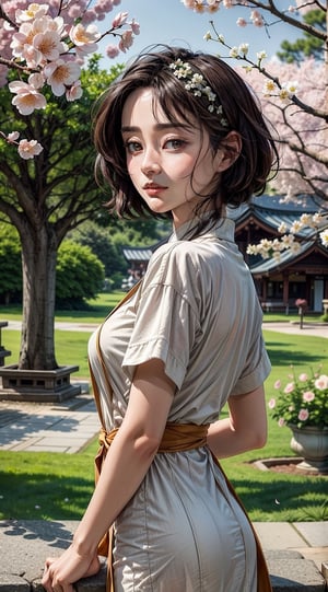 (masterpiece,best quality,ultra-detailed,8K,intricate, realistic,cinematic lighting),Craft AI art portraying a serene and elegant woman immersed in the tranquility of a blooming cherry blossom garden. Picture her in a beautifully colored attire, modest yet vibrant, complementing the delicate beauty of the blossoms. Use a palette of soft and harmonious colors to create a captivating scene, capturing the essence of a peaceful moment in nature. Let the artwork convey a sense of quiet beauty and contemplation, celebrating the timeless grace of a woman in a serene and colorful setting.kwon-nara